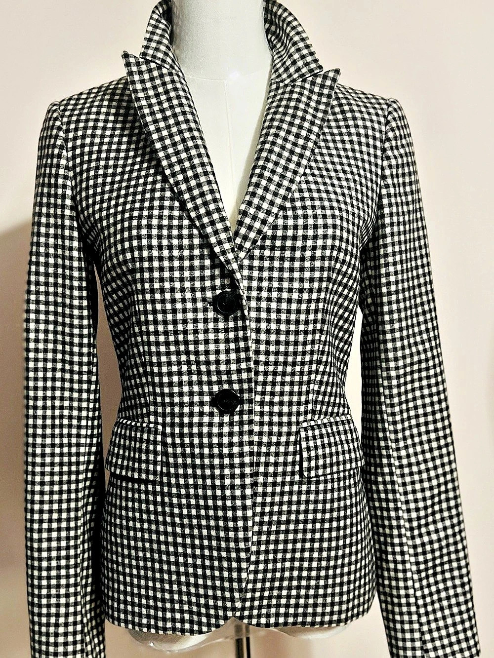 Massimo Dutti Blazer Checkered Wool Blazer in Black & White